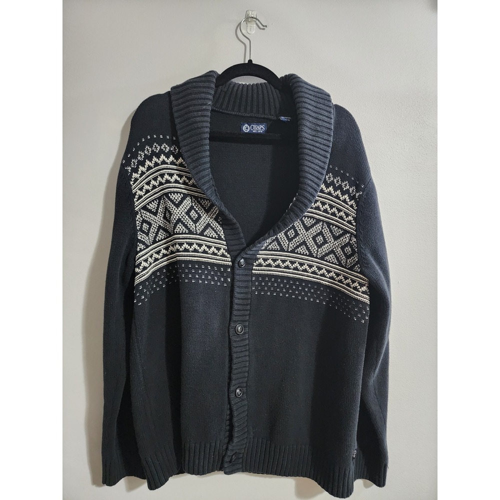 Chaps Mens Black Fair Isle Shawl Collar Sweater Lagenlook Button Front L